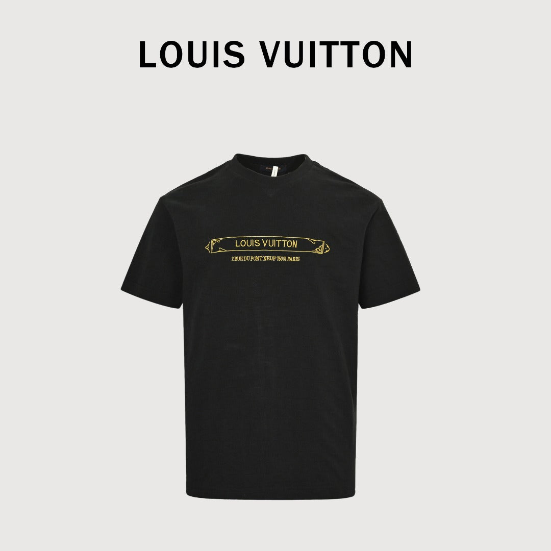Louis Vuitton LV Damier Gold Thread Embroidered Piqué Short-Sleeve T-Shirt — Black