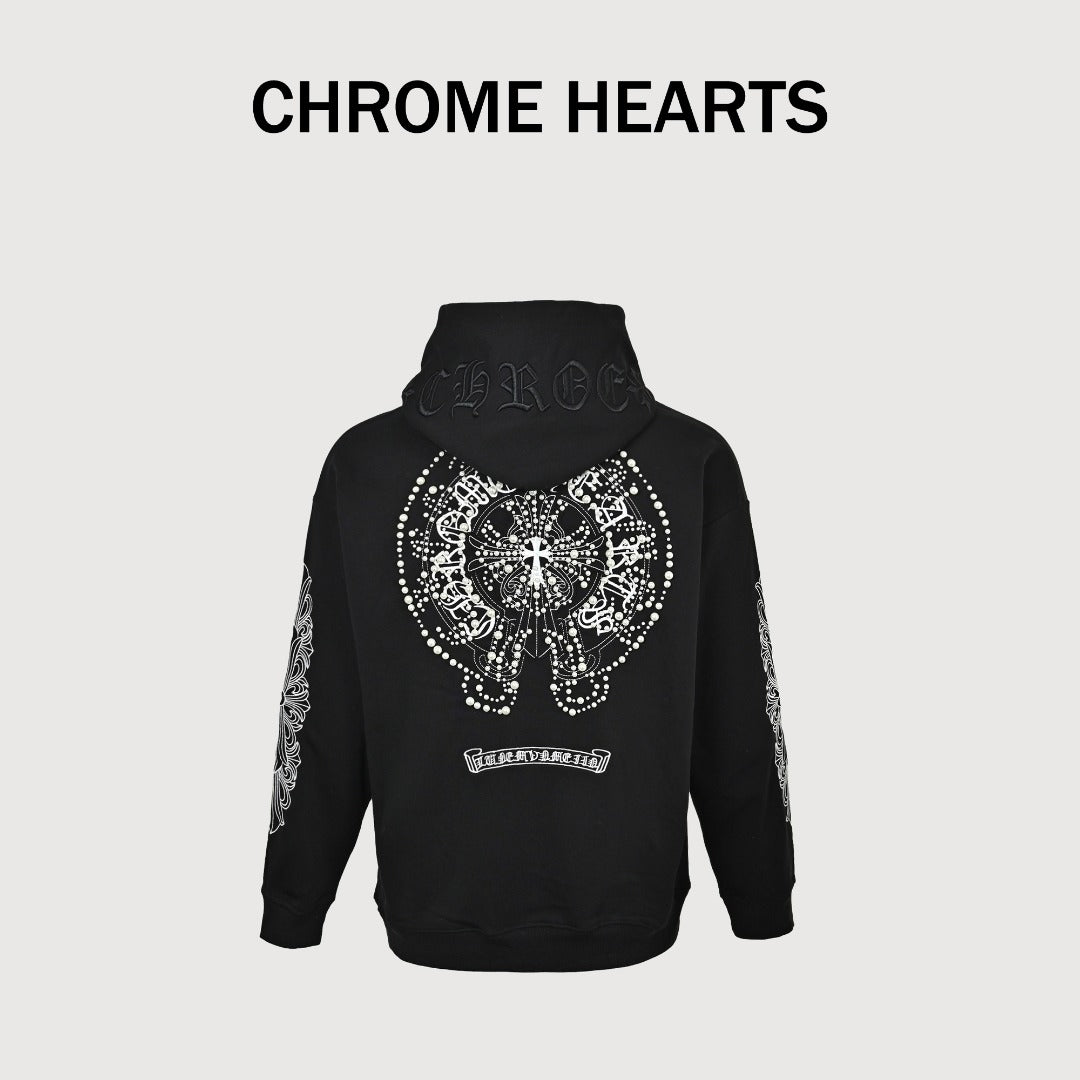Chrome Hearts 26SS Pearl Cross All-Over Embroidered Hoodie — Black