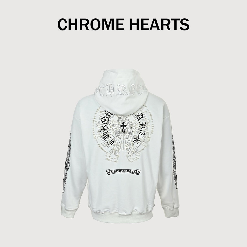 Chrome Hearts 26SS Pearl Cross All-Over Embroidered Hoodie — White