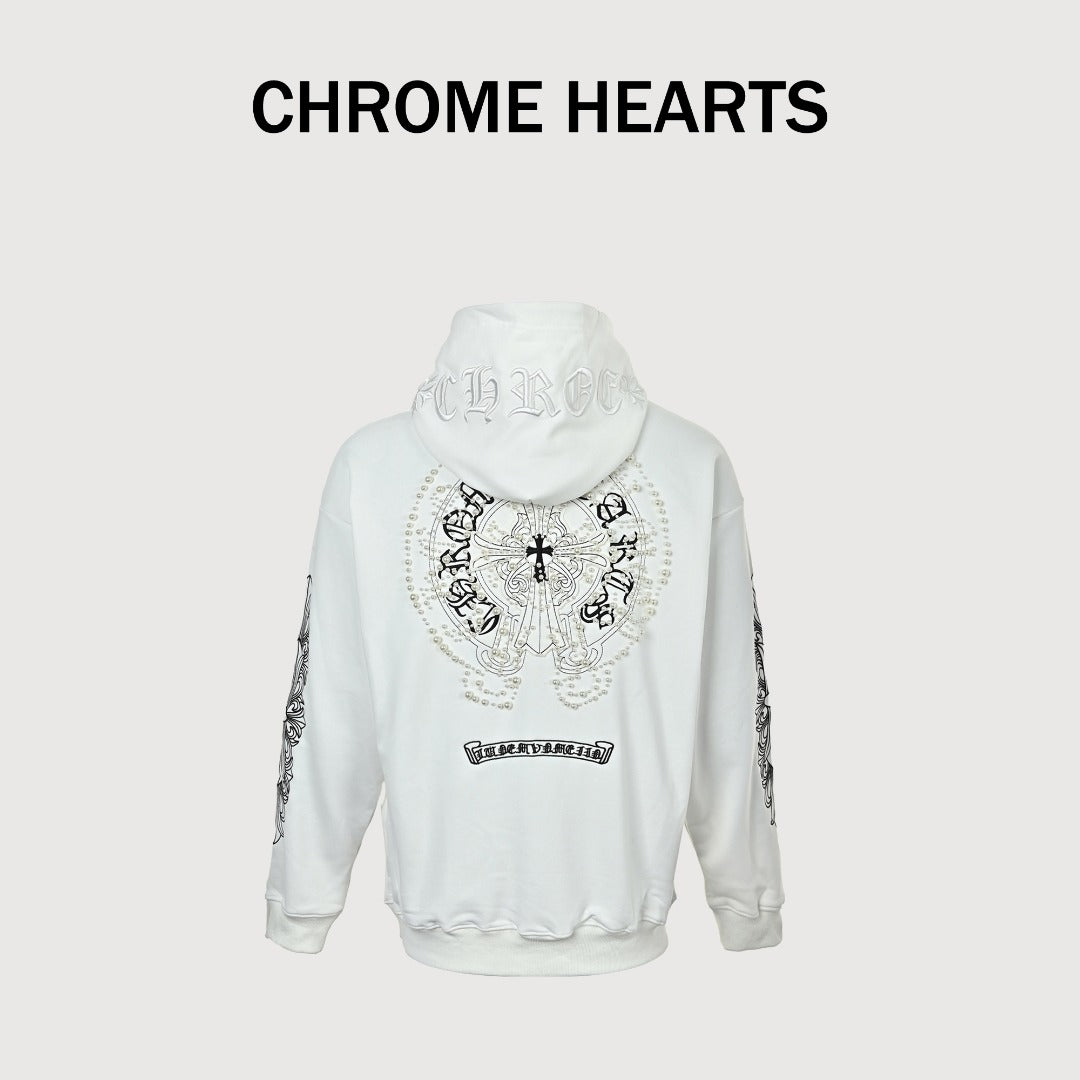 Chrome Hearts 26SS Pearl Cross All-Over Embroidered Hoodie — White