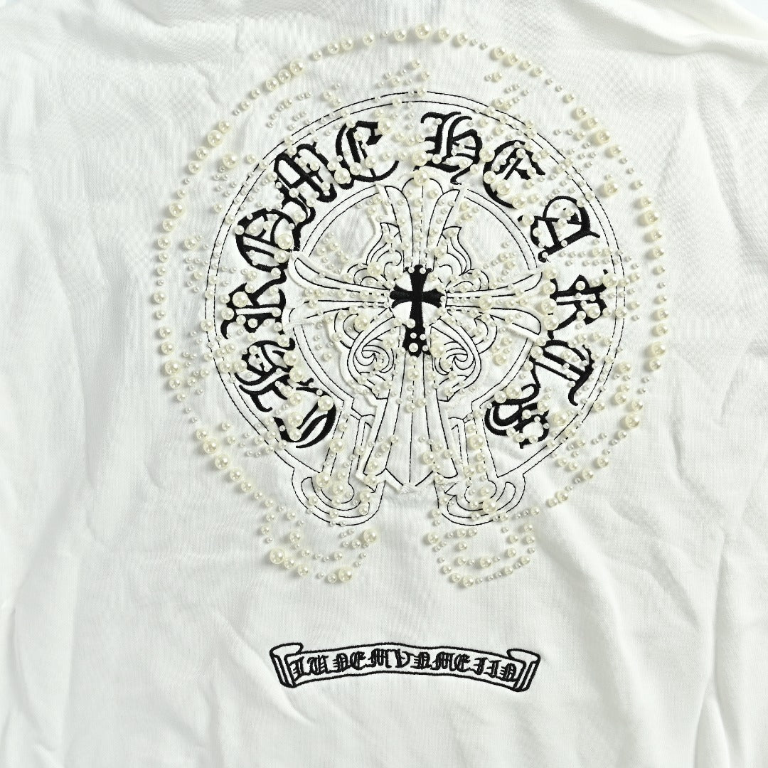Chrome Hearts 26SS Pearl Cross All-Over Embroidered Hoodie — White