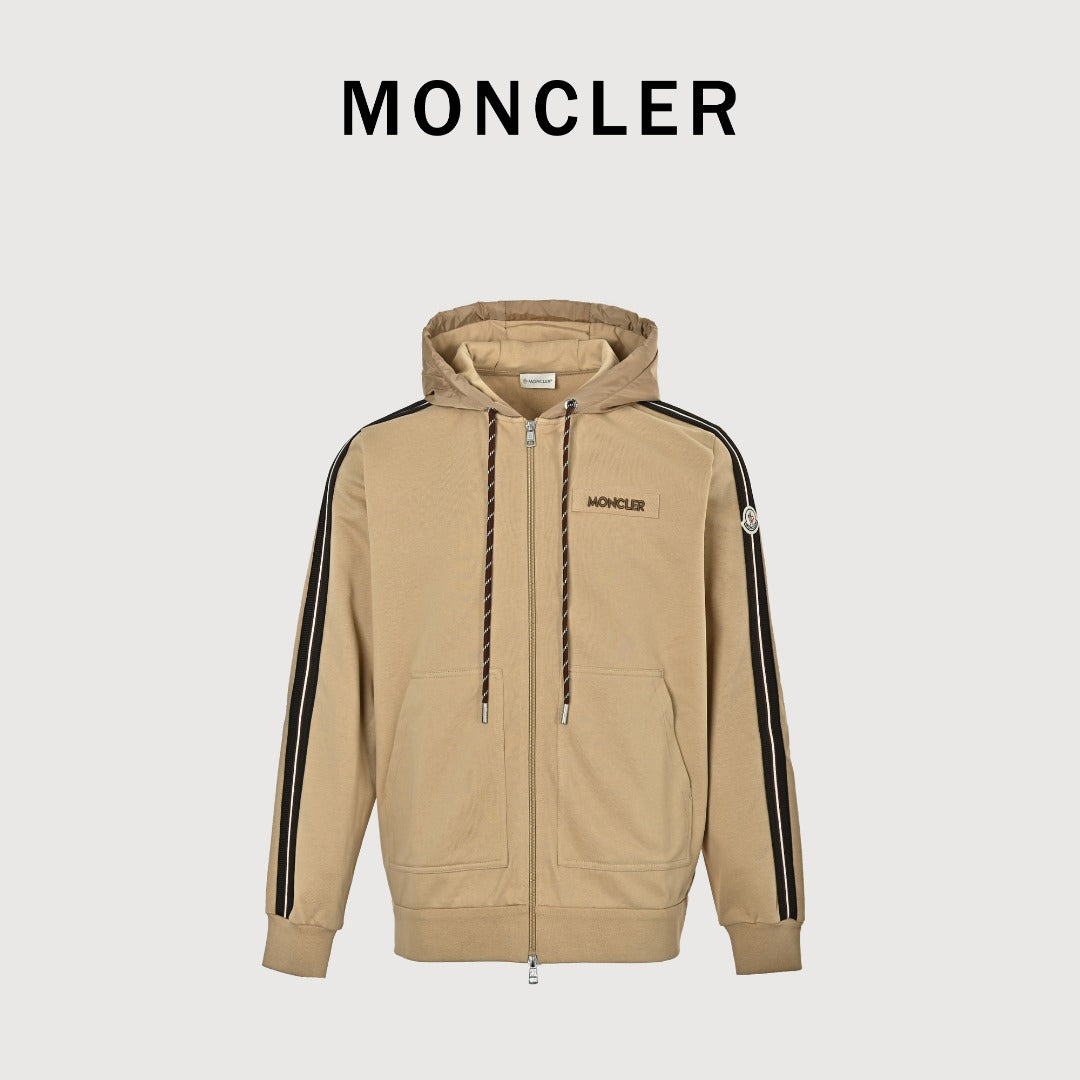 Moncler MC Tri-Color Rope Trim Zip-Up Hoodie Jacket — Camel