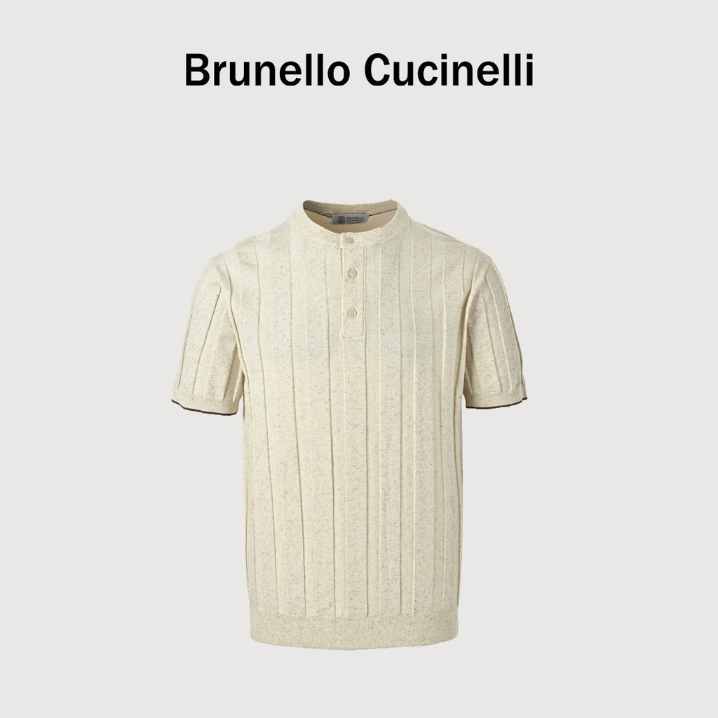 Brunello Cucinelli BC Two-Tone Button Ribbed Henley Knit Short-Sleeve T-Shirt — Ivory