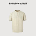 Brunello Cucinelli BC Two-Tone Button Ribbed Henley Knit Short-Sleeve T-Shirt — Ivory