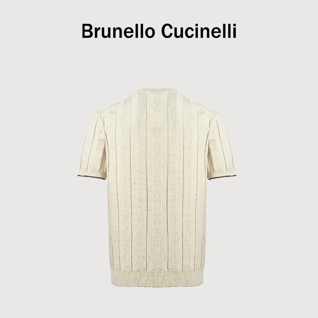 Brunello Cucinelli BC Two-Tone Button Ribbed Henley Knit Short-Sleeve T-Shirt — Ivory