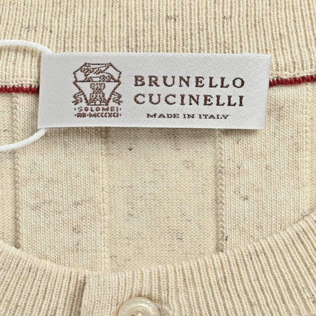 Brunello Cucinelli BC Two-Tone Button Ribbed Henley Knit Short-Sleeve T-Shirt — Ivory