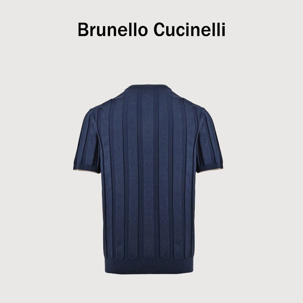 Brunello Cucinelli BC Two-Tone Button Ribbed Henley Knit Short-Sleeve T-Shirt — Navy