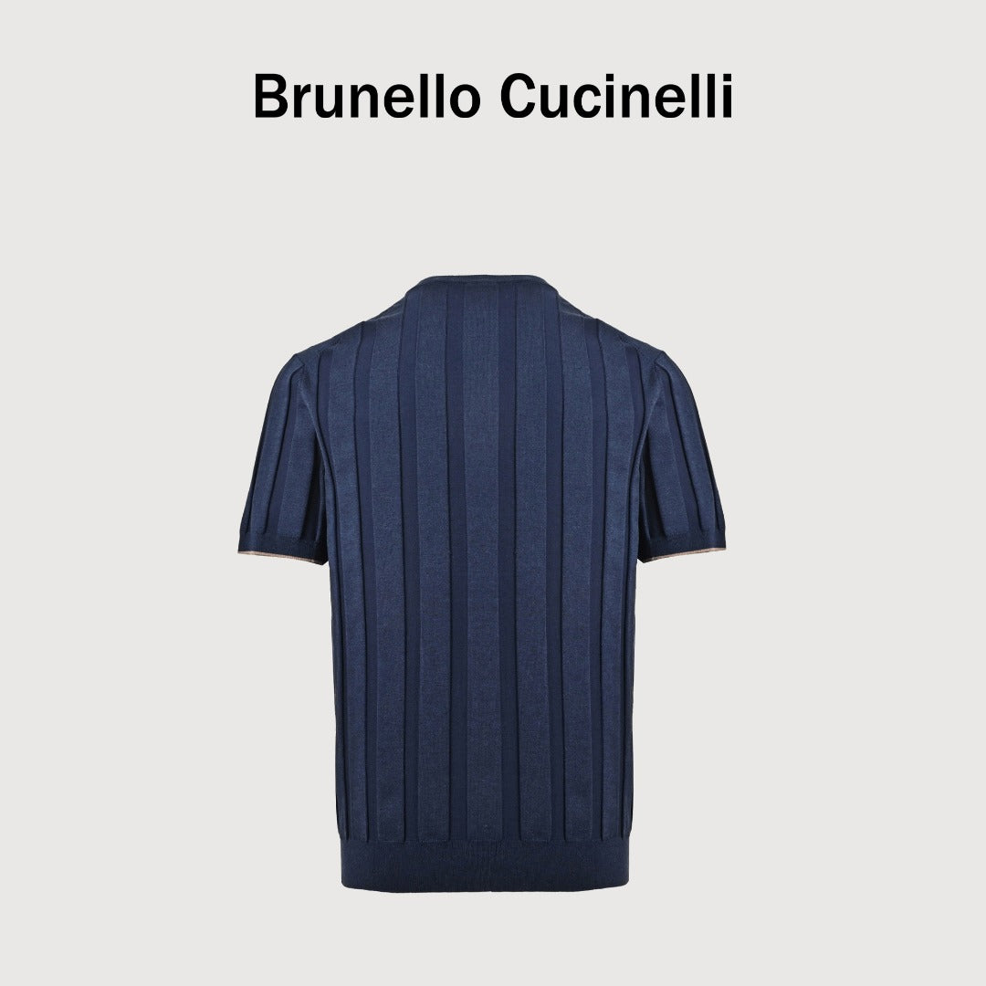 Brunello Cucinelli BC Two-Tone Button Ribbed Henley Knit Short-Sleeve T-Shirt — Navy