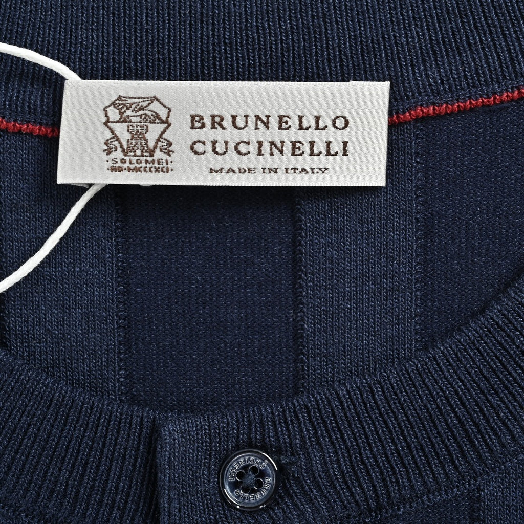 Brunello Cucinelli BC Two-Tone Button Ribbed Henley Knit Short-Sleeve T-Shirt — Navy