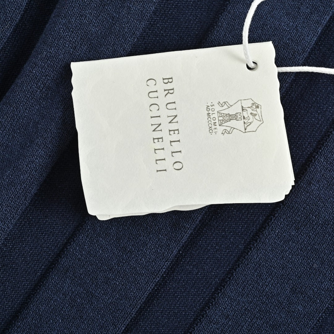 Brunello Cucinelli BC Two-Tone Button Ribbed Henley Knit Short-Sleeve T-Shirt — Navy
