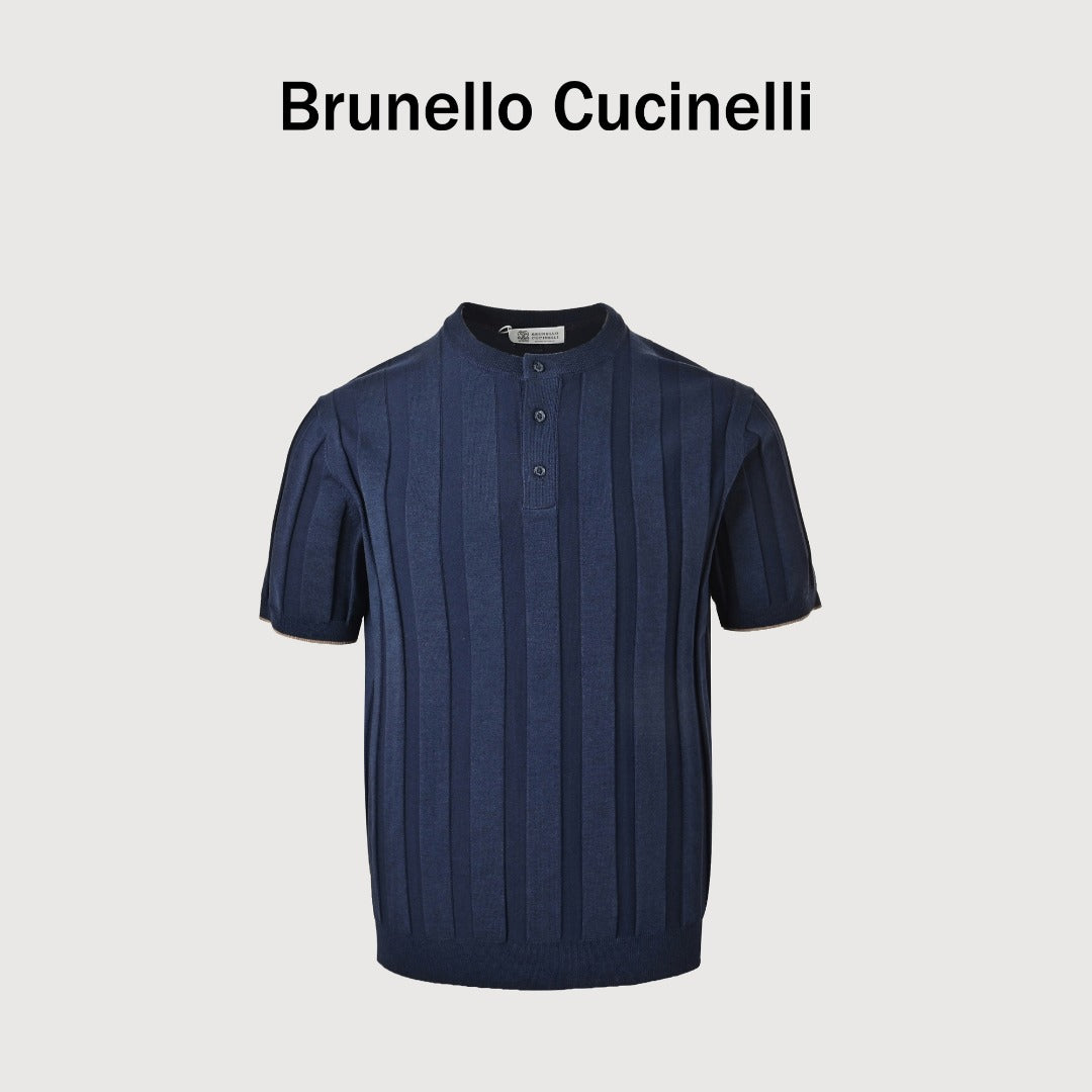 Brunello Cucinelli BC Two-Tone Button Ribbed Henley Knit Short-Sleeve T-Shirt — Navy