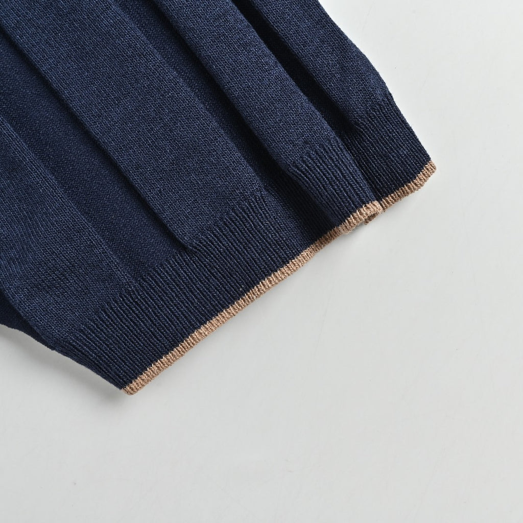 Brunello Cucinelli BC Two-Tone Button Ribbed Henley Knit Short-Sleeve T-Shirt — Navy