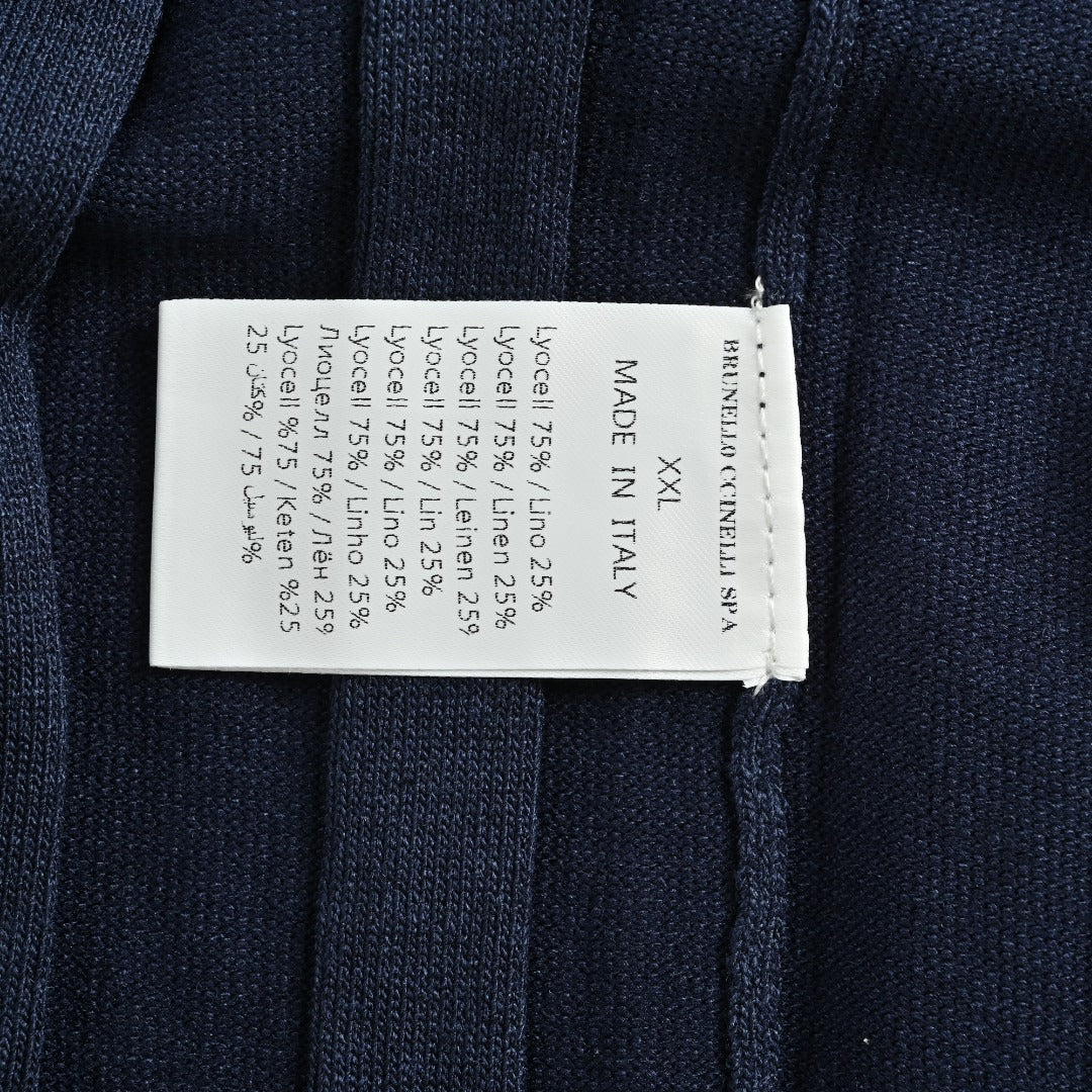Brunello Cucinelli BC Two-Tone Button Ribbed Henley Knit Short-Sleeve T-Shirt — Navy