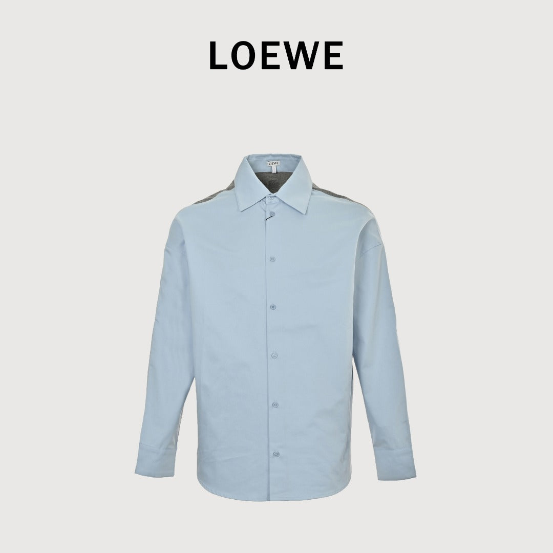 Loewe Sweater-Panel Knit Splice Long-Sleeve Shirt — Light Blue