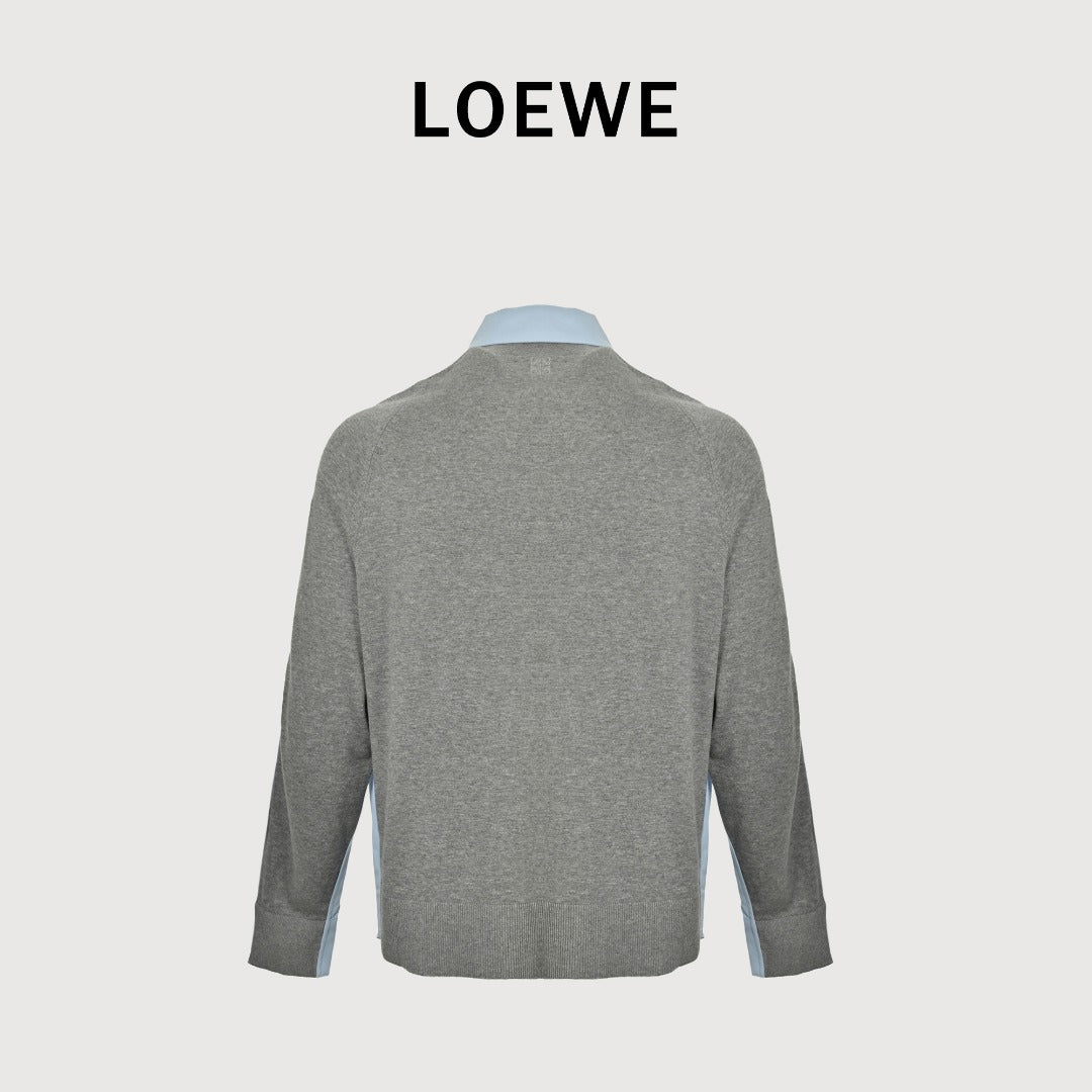 Loewe Sweater-Panel Knit Splice Long-Sleeve Shirt — Light Blue
