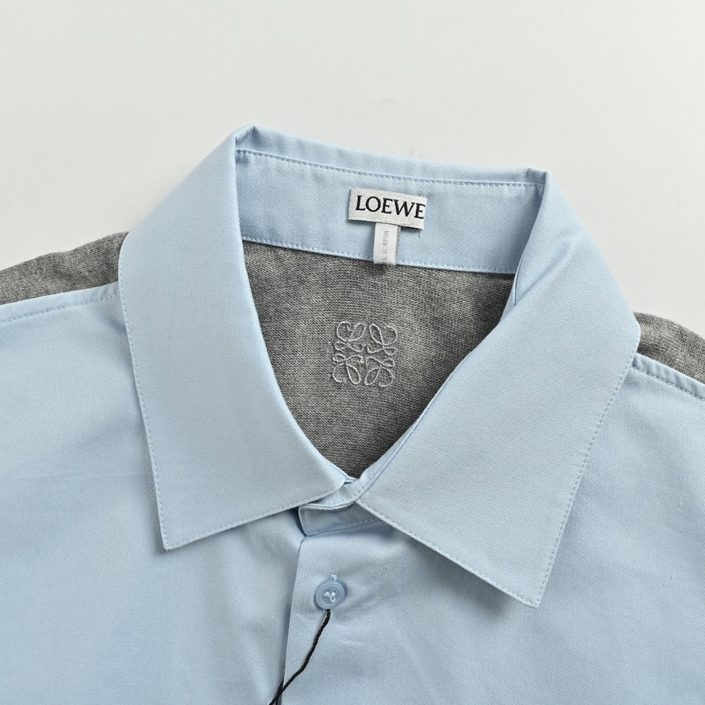 Loewe Sweater-Panel Knit Splice Long-Sleeve Shirt — Light Blue
