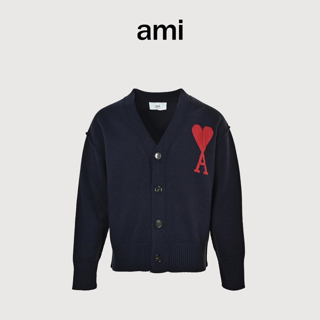Ami Paris Heart Jacquard Knit Cardigan — Navy