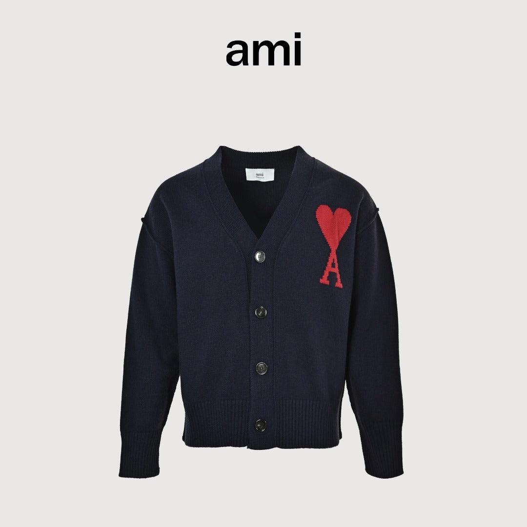 Ami Paris Heart Jacquard Knit Cardigan — Navy