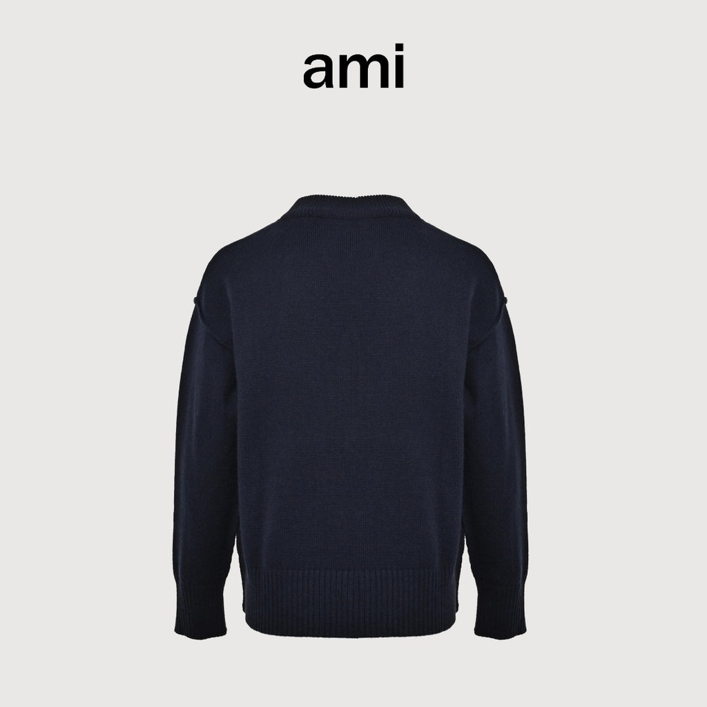 Ami Paris Heart Jacquard Knit Cardigan — Navy
