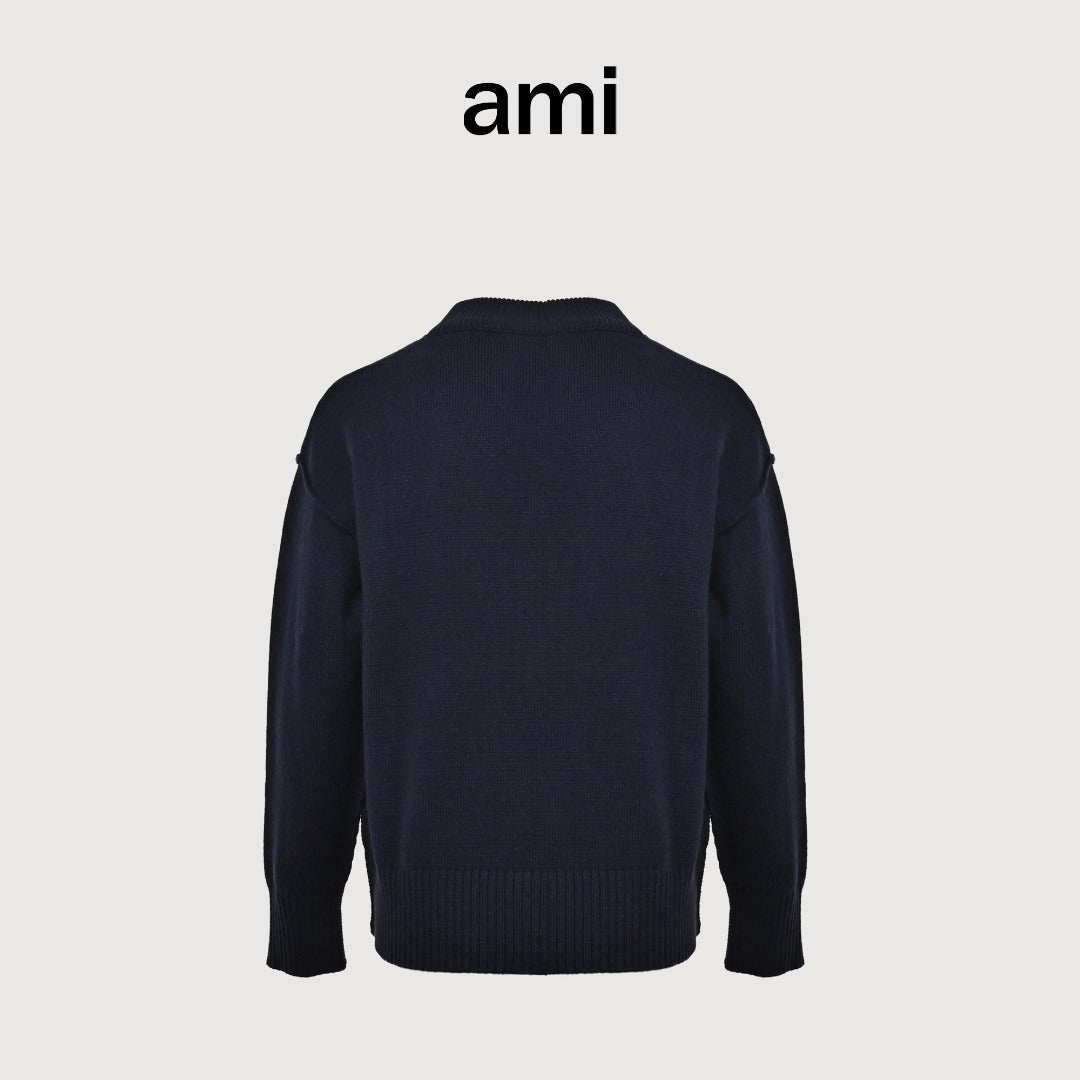 Ami Paris Heart Jacquard Knit Cardigan — Navy