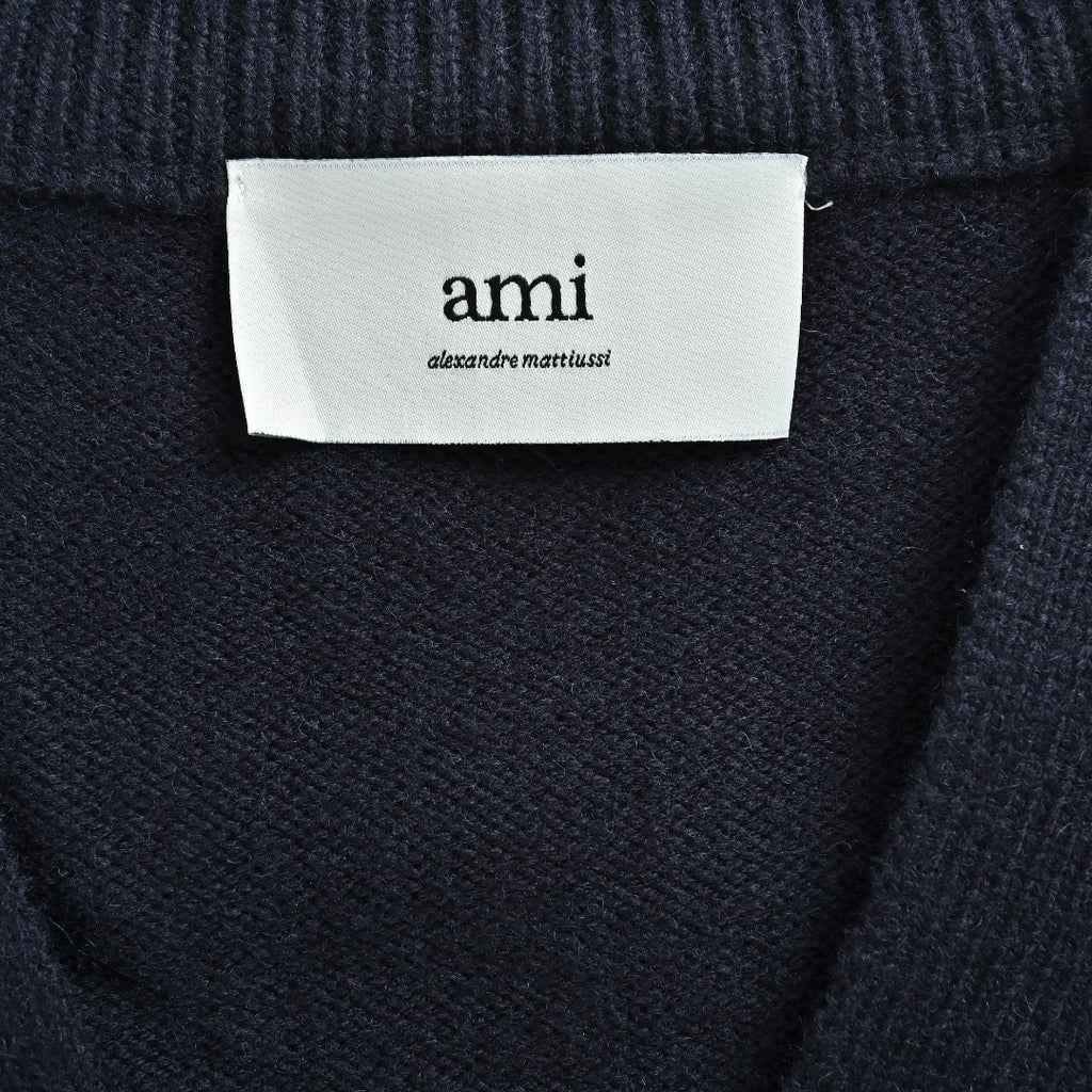 Ami Paris Heart Jacquard Knit Cardigan — Navy