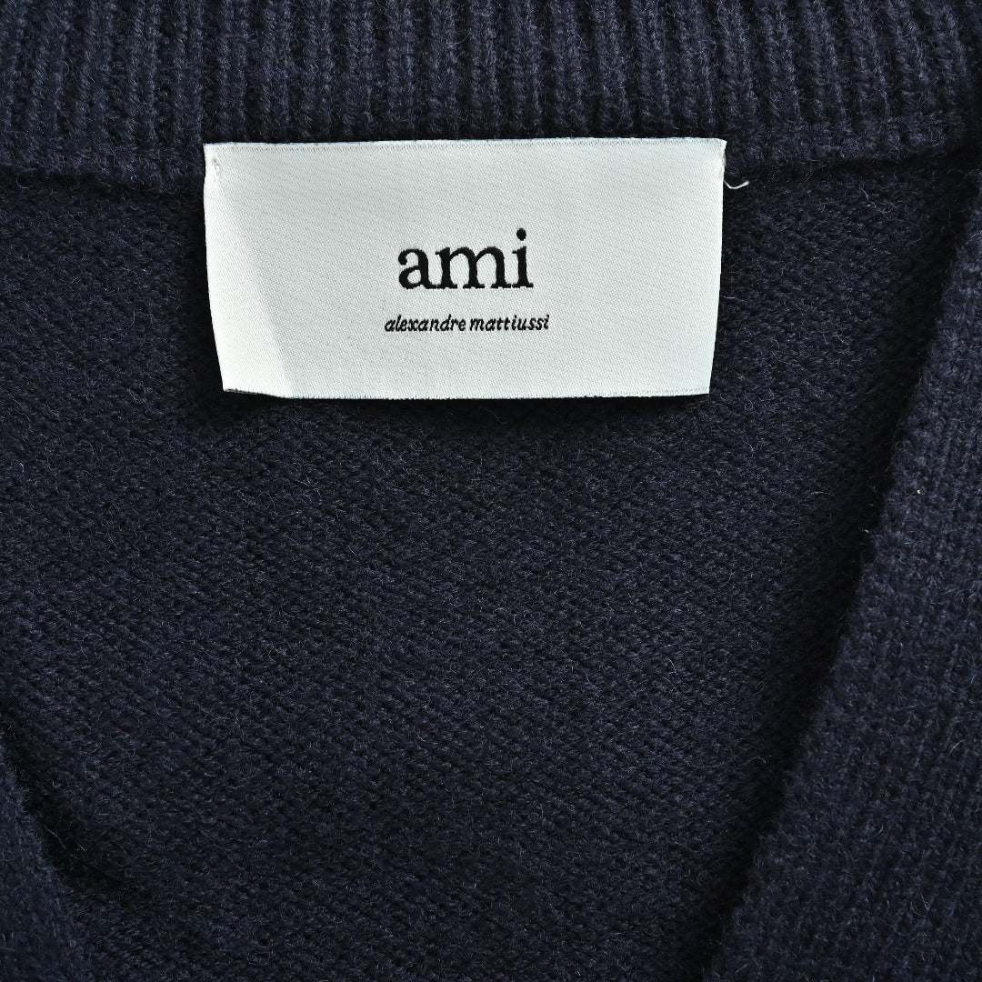 Ami Paris Heart Jacquard Knit Cardigan — Navy
