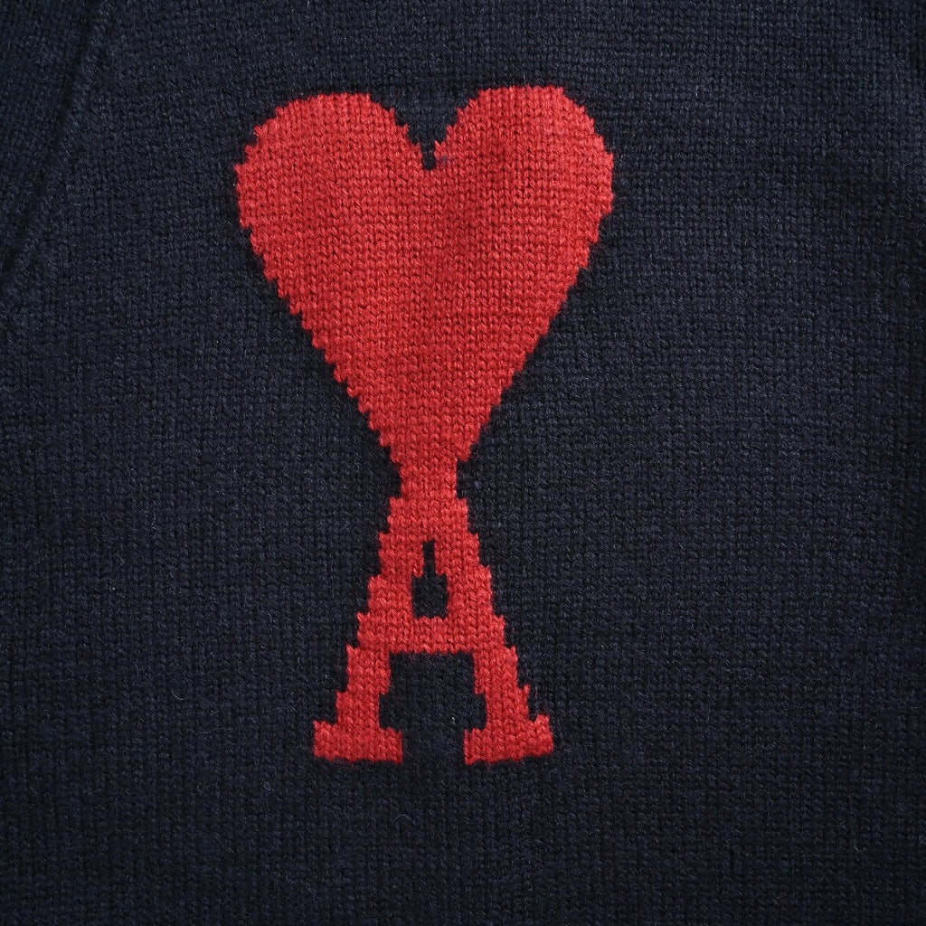 Ami Paris Heart Jacquard Knit Cardigan — Navy