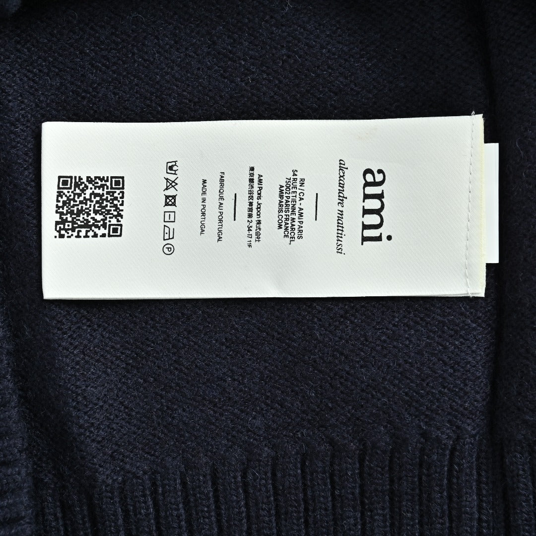 Ami Paris Heart Jacquard Knit Cardigan — Navy