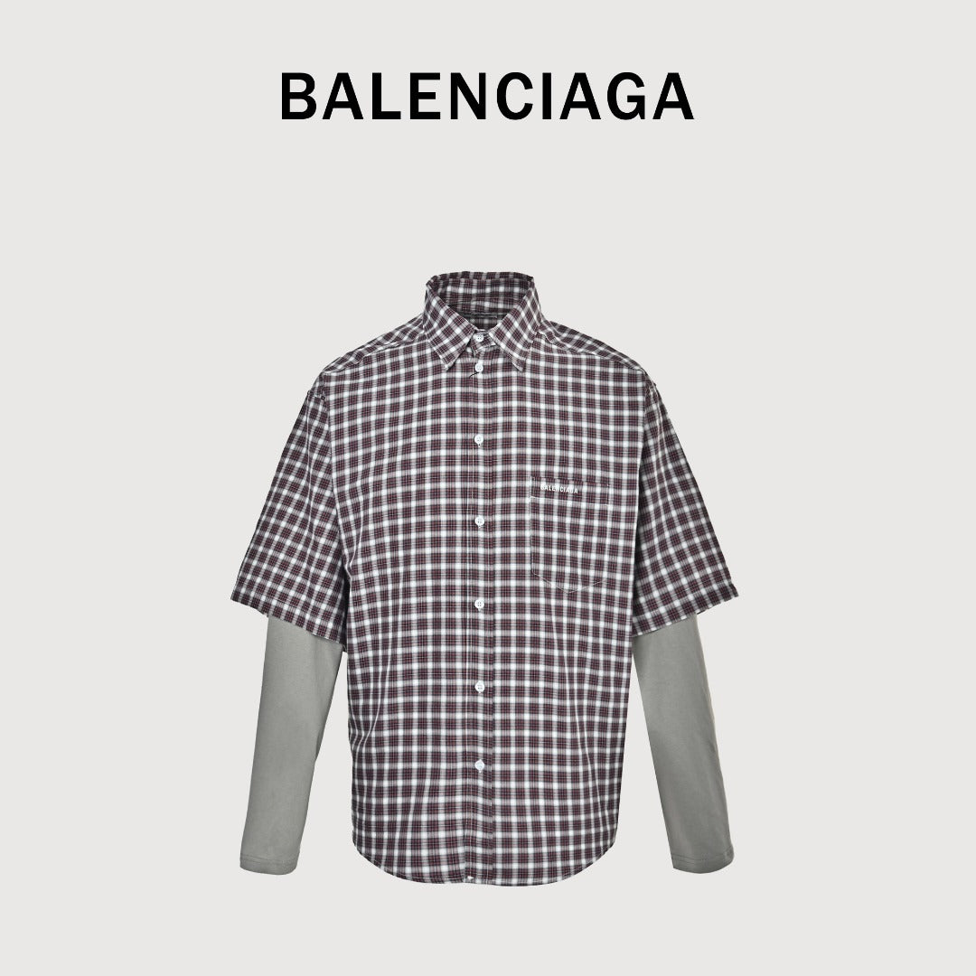 Balenciaga BLCG Red Plaid Faux Two-Piece Double-Layer Short-Sleeve Shirt