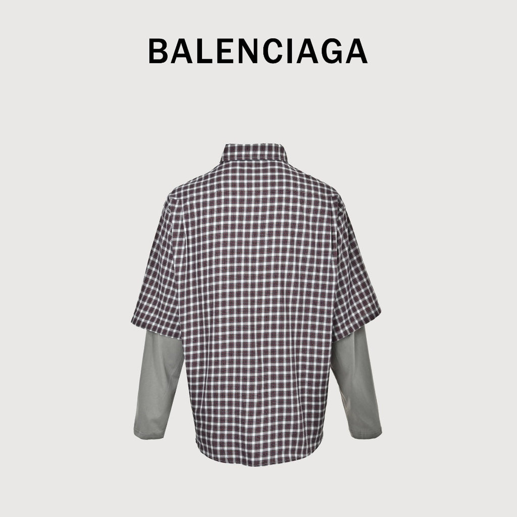 Balenciaga BLCG Red Plaid Faux Two-Piece Double-Layer Short-Sleeve Shirt