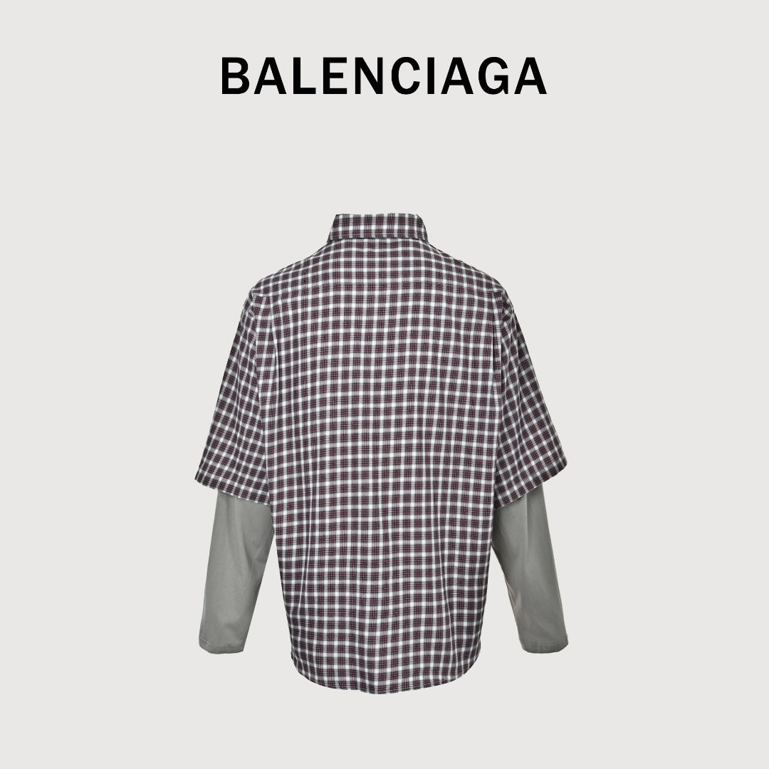 Balenciaga BLCG Red Plaid Faux Two-Piece Double-Layer Short-Sleeve Shirt