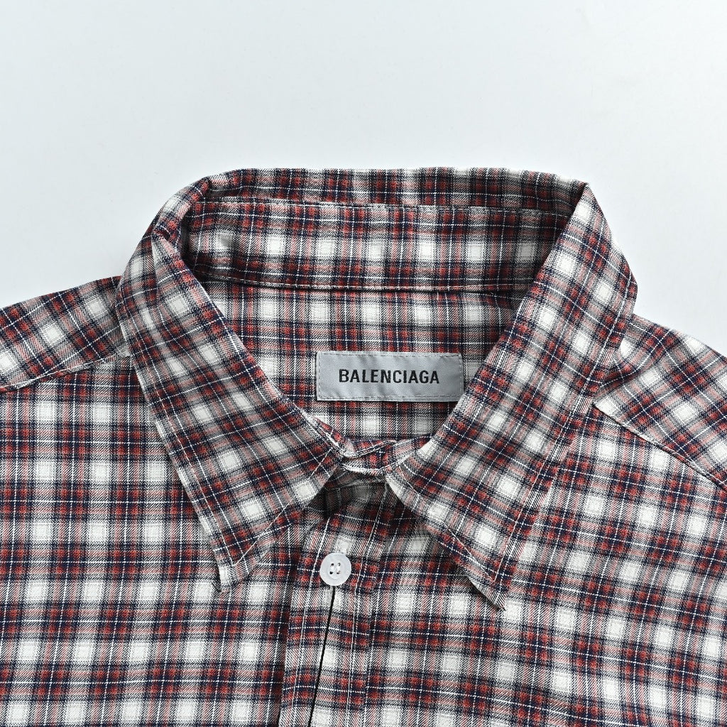 Balenciaga BLCG Red Plaid Faux Two-Piece Double-Layer Short-Sleeve Shirt