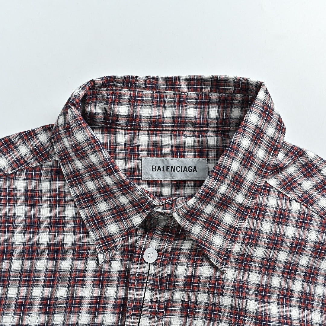 Balenciaga BLCG Red Plaid Faux Two-Piece Double-Layer Short-Sleeve Shirt