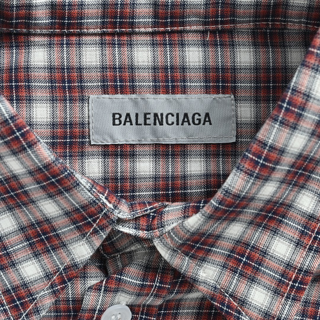 Balenciaga BLCG Red Plaid Faux Two-Piece Double-Layer Short-Sleeve Shirt