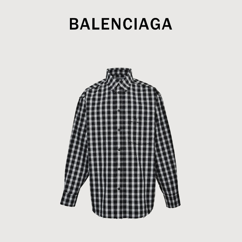 Balenciaga BLCG Black & White Plaid Raw-Edge Distressed Long-Sleeve Shirt