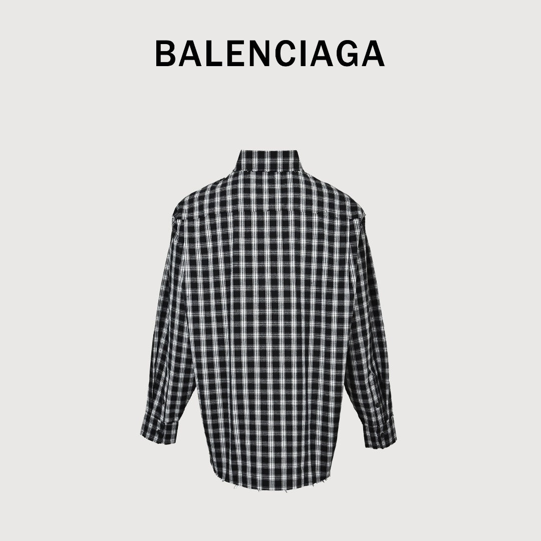 Balenciaga BLCG Black & White Plaid Raw-Edge Distressed Long-Sleeve Shirt
