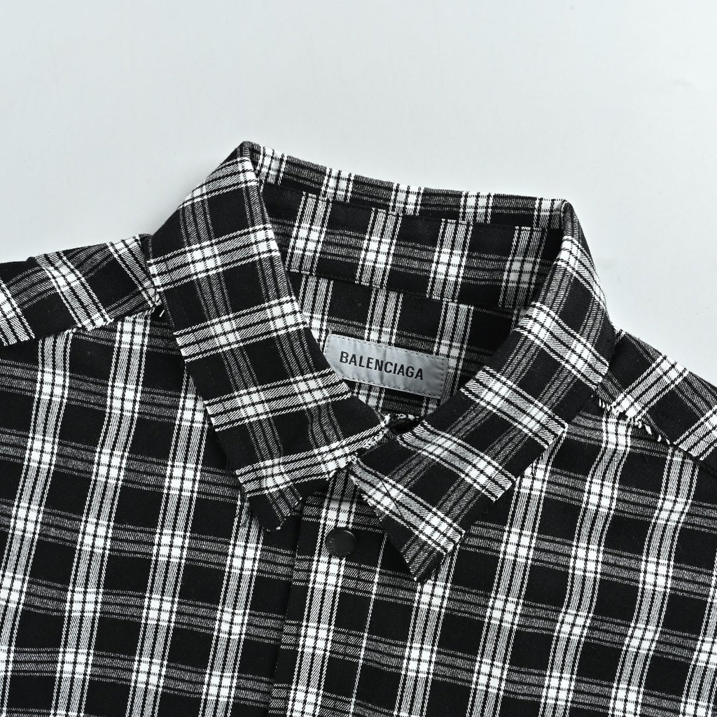 Balenciaga BLCG Black & White Plaid Raw-Edge Distressed Long-Sleeve Shirt