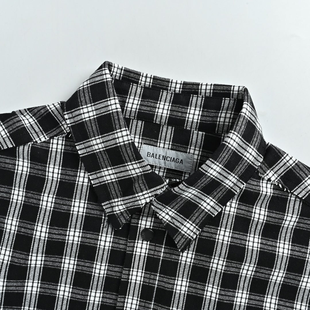 Balenciaga BLCG Black & White Plaid Raw-Edge Distressed Long-Sleeve Shirt