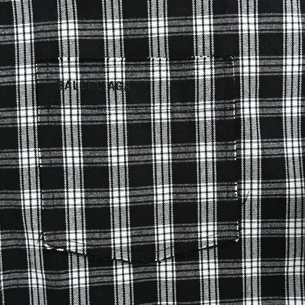 Balenciaga BLCG Black & White Plaid Raw-Edge Distressed Long-Sleeve Shirt