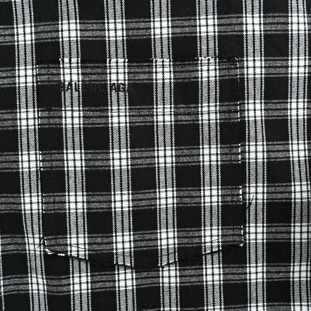 Balenciaga BLCG Black & White Plaid Raw-Edge Distressed Long-Sleeve Shirt