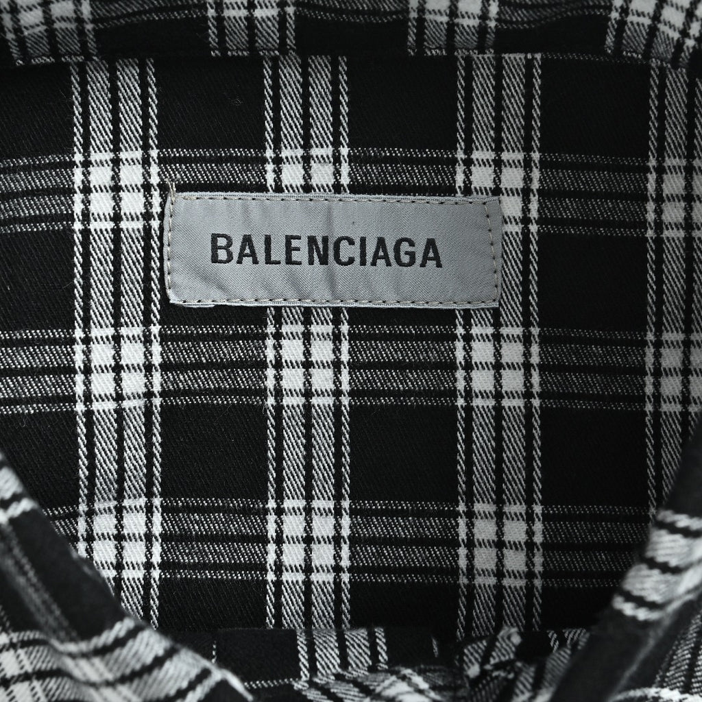 Balenciaga BLCG Black & White Plaid Raw-Edge Distressed Long-Sleeve Shirt