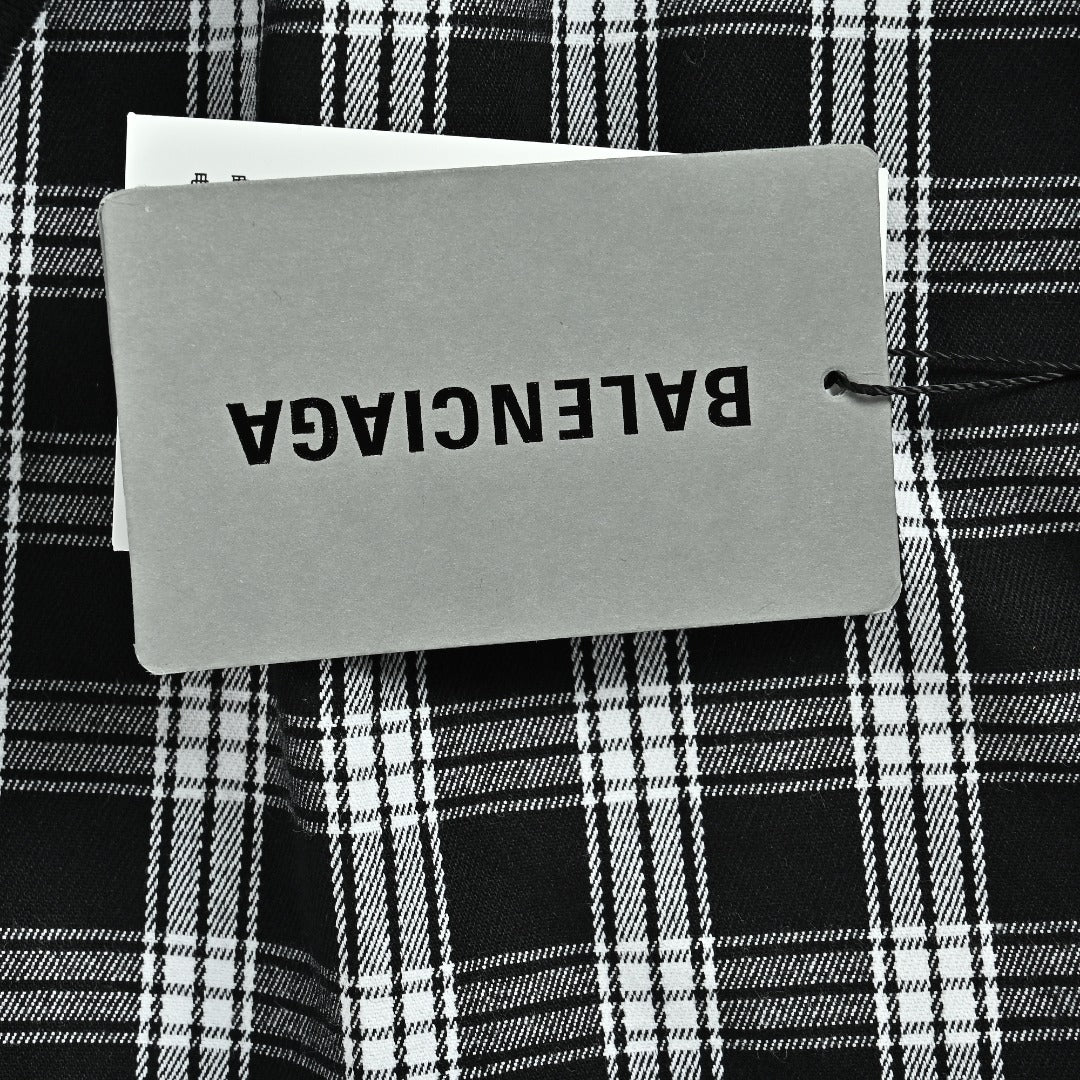 Balenciaga BLCG Black & White Plaid Raw-Edge Distressed Long-Sleeve Shirt