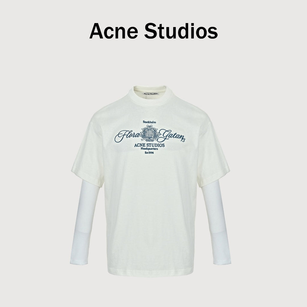 Acne Studios Blue Embroidered Knit Faux Two-Piece Long-Sleeve T-Shirt — White