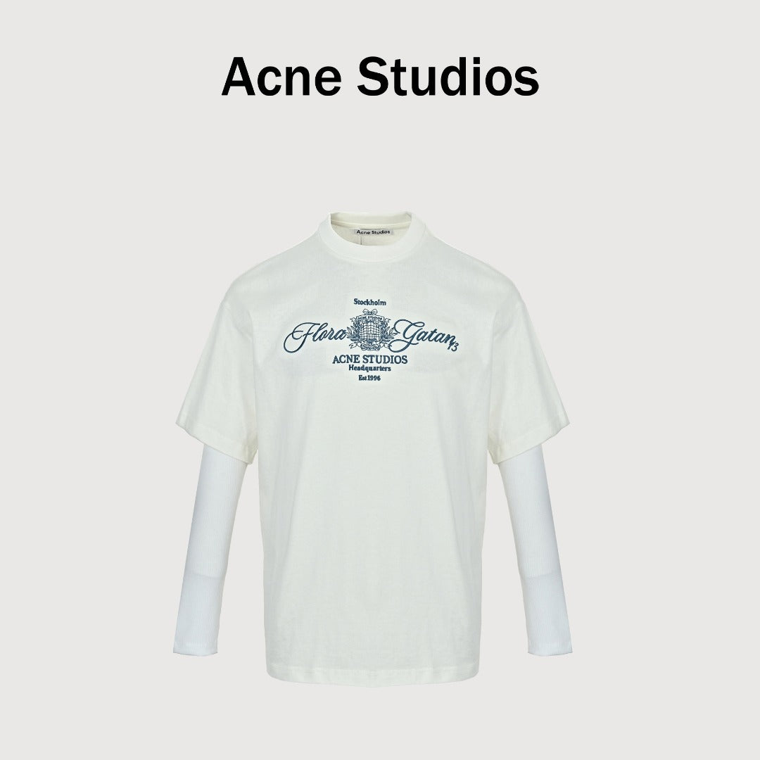 Acne Studios Blue Embroidered Knit Faux Two-Piece Long-Sleeve T-Shirt — White