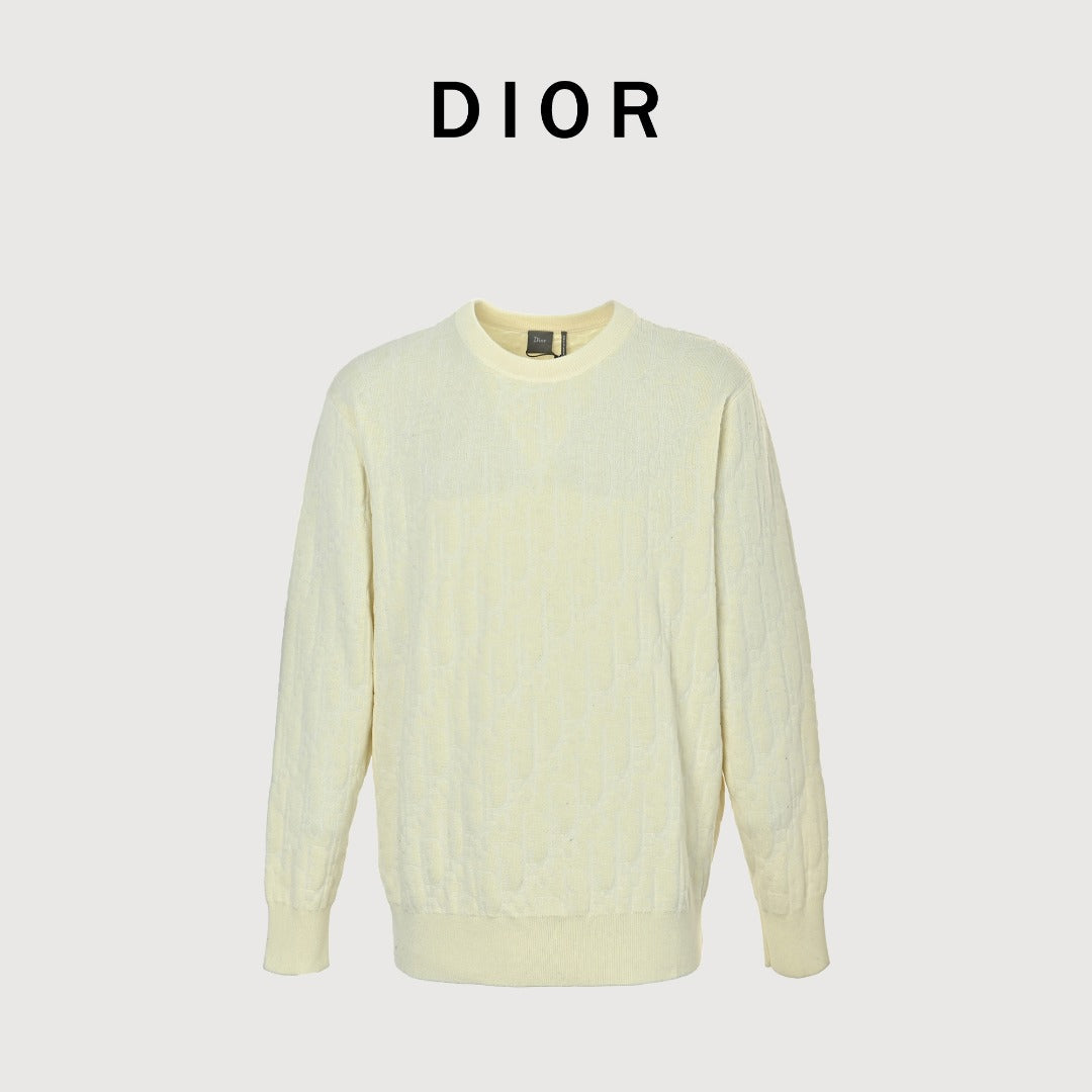 Dior CD Two-Tone Tonal Jacquard All-Over Pattern Crew Neck Sweater — Ecru