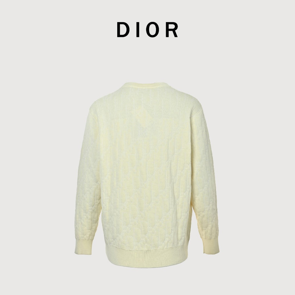 Dior CD Two-Tone Tonal Jacquard All-Over Pattern Crew Neck Sweater — Ecru