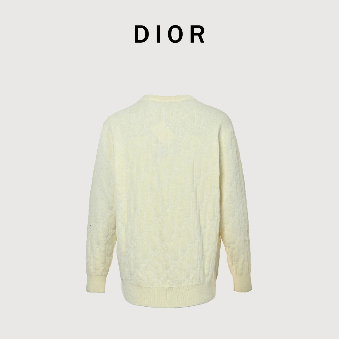 Dior CD Two-Tone Tonal Jacquard All-Over Pattern Crew Neck Sweater — Ecru