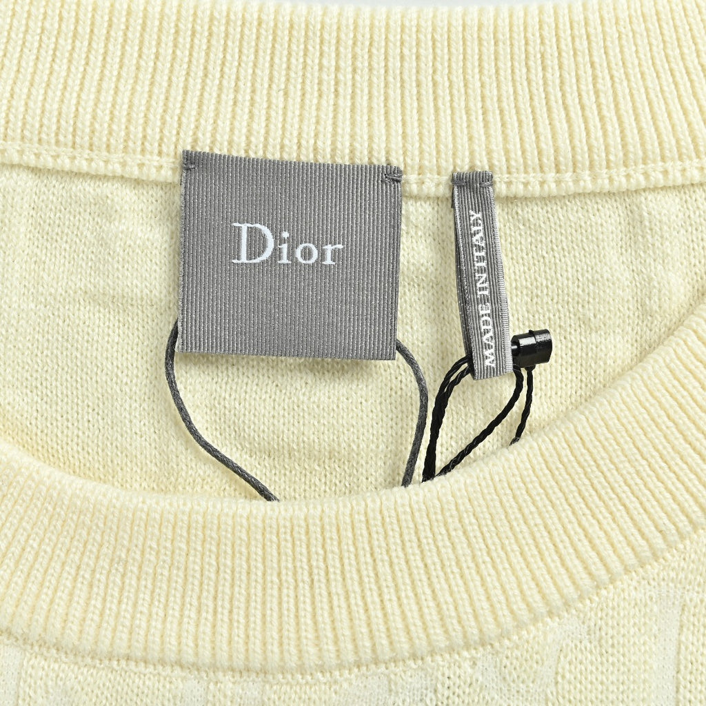 Dior CD Two-Tone Tonal Jacquard All-Over Pattern Crew Neck Sweater — Ecru