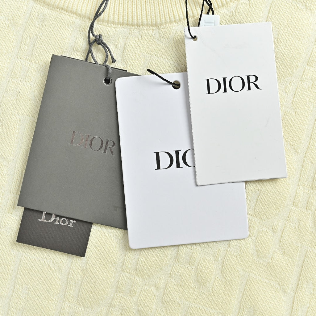 Dior CD Two-Tone Tonal Jacquard All-Over Pattern Crew Neck Sweater — Ecru