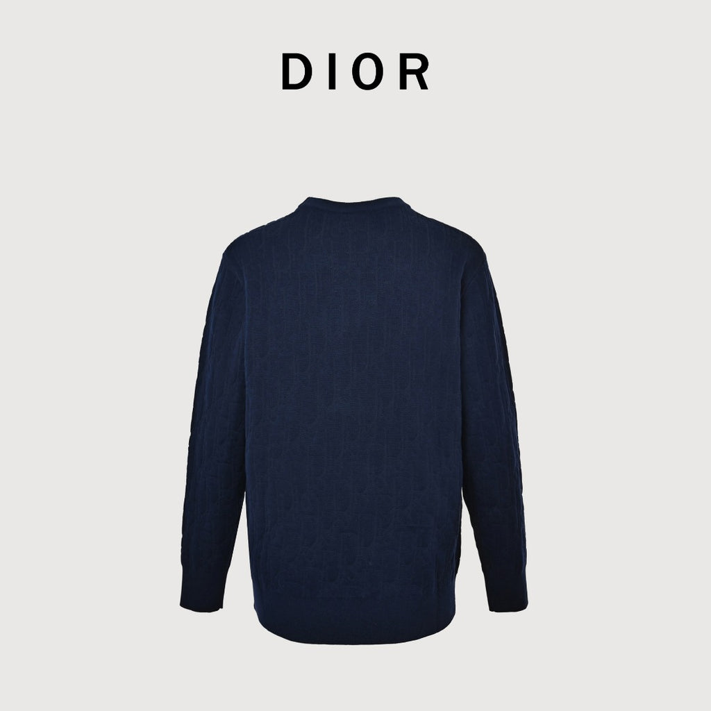 Dior CD Two-Tone Tonal Jacquard All-Over Pattern Crew Neck Sweater — Navy